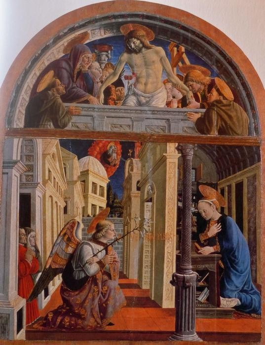 Girolamo di Giovanni, Annunciazione, Pinacoteca di Camerino. In basso a sinistra nelle piccole figure dei committenti inginocchiati si riconoscono Giulio Cesare Varano e la figlia Camilla